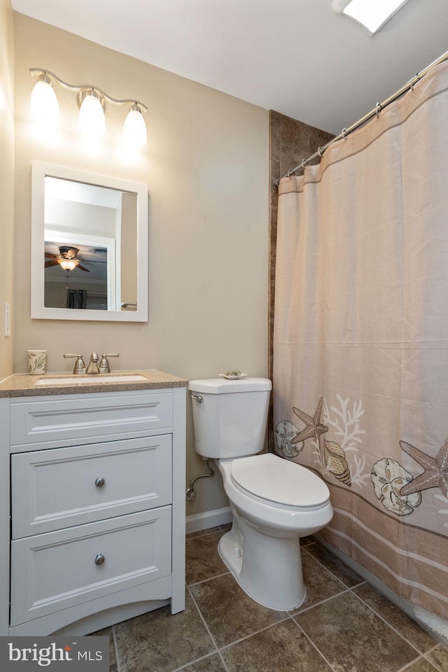 bathroom with ceiling fan, toilet, tile patterned floors, and vanity