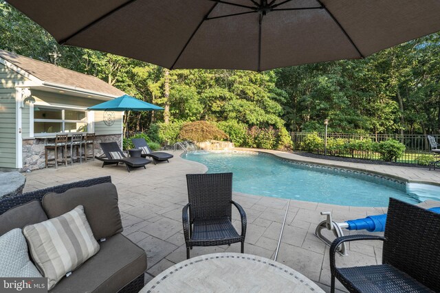 view of swimming pool featuring outdoor lounge area, an outdoor bar, and a patio area