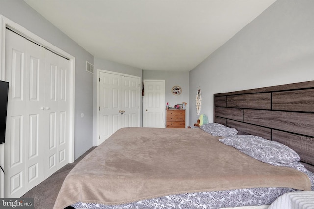 carpeted bedroom featuring multiple closets