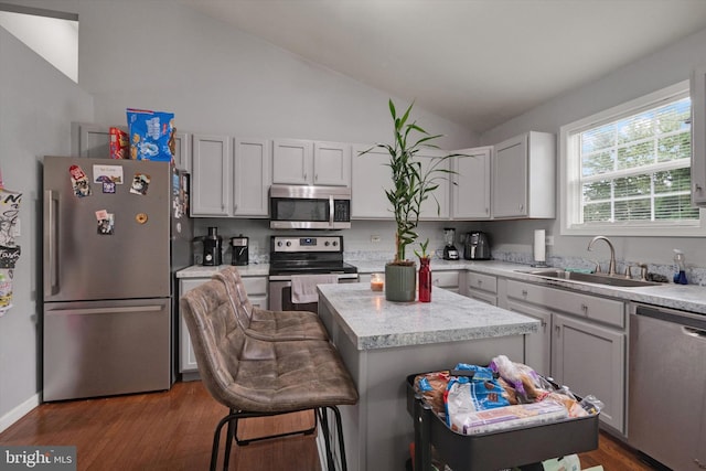 kitchen featuring stainless steel appliances, vaulted ceiling, dark hardwood / wood-style floors, and a kitchen island