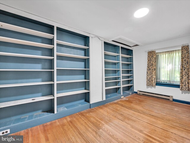 unfurnished room featuring hardwood / wood-style floors and a baseboard radiator