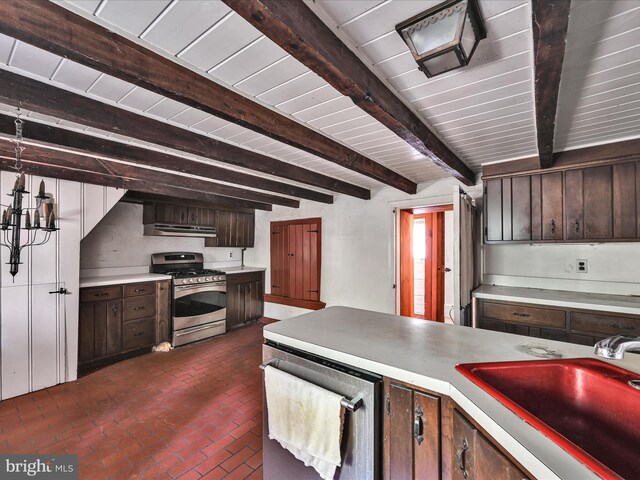 kitchen featuring beam ceiling, dishwasher, dark brown cabinets, sink, and stainless steel range with gas stovetop