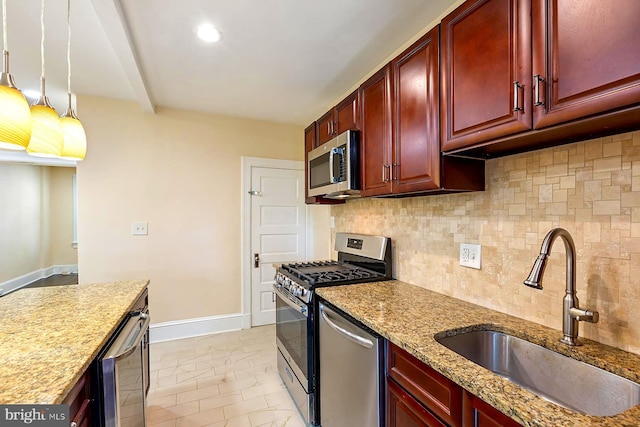 kitchen featuring sink, decorative backsplash, light stone countertops, light tile patterned floors, and stainless steel appliances