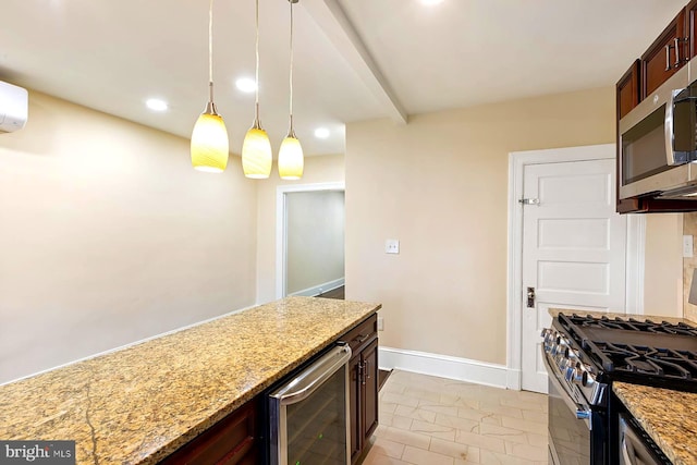 kitchen with hanging light fixtures, light stone countertops, wine cooler, light tile patterned floors, and stainless steel appliances