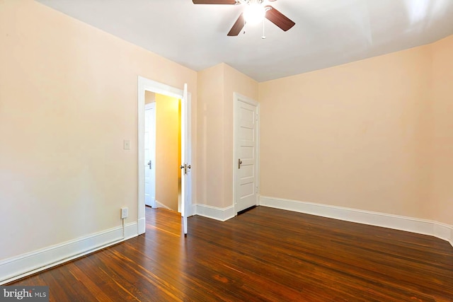 interior space featuring ceiling fan and dark wood-type flooring