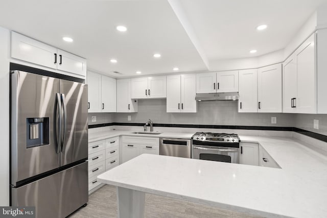 kitchen with white cabinets, kitchen peninsula, and appliances with stainless steel finishes