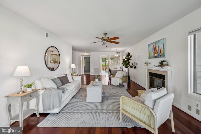 living room with ceiling fan and wood-type flooring