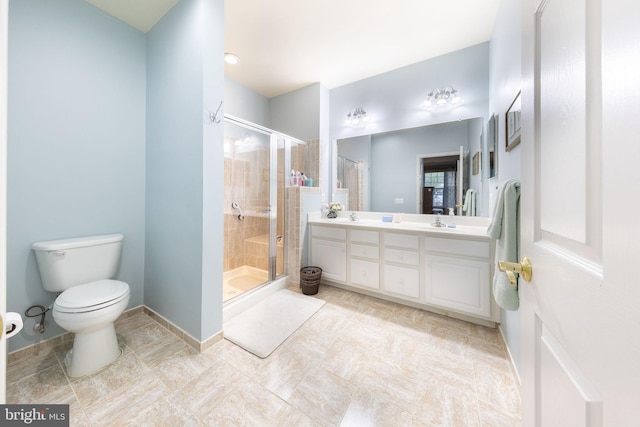 bathroom with vanity, toilet, an enclosed shower, and tile patterned floors