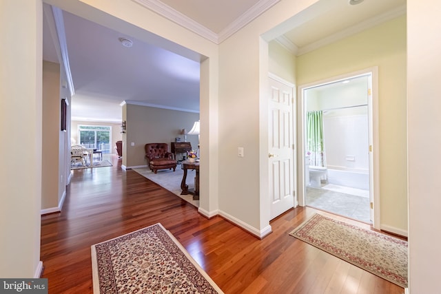 entryway featuring hardwood / wood-style flooring and ornamental molding