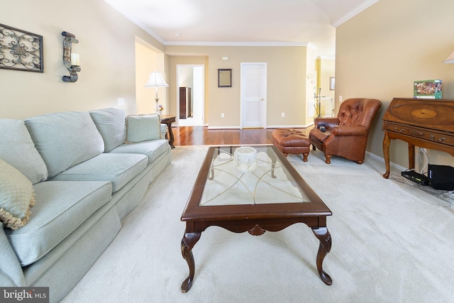 living room featuring ornamental molding and light wood-type flooring