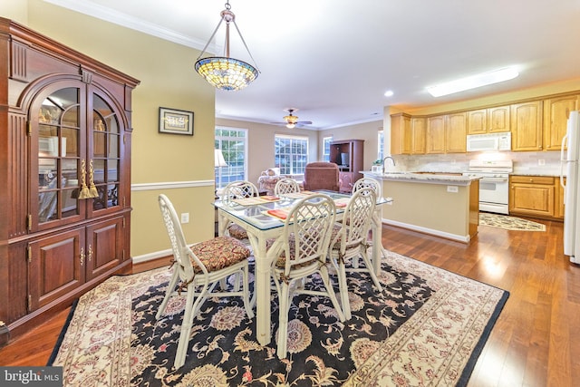 dining area with dark wood-type flooring, ceiling fan, crown molding, and sink