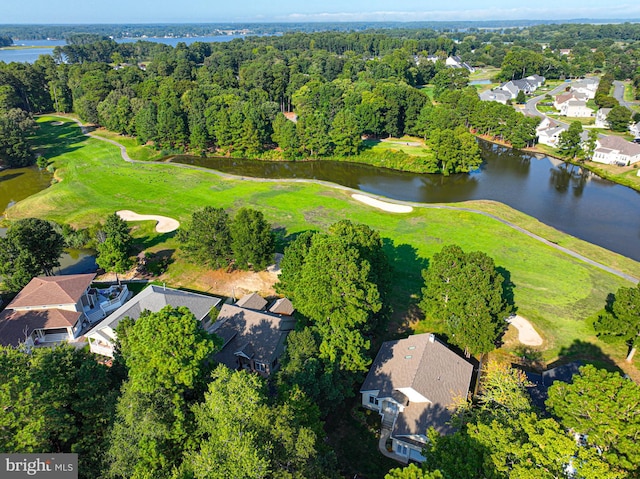 drone / aerial view with a water view and a residential view