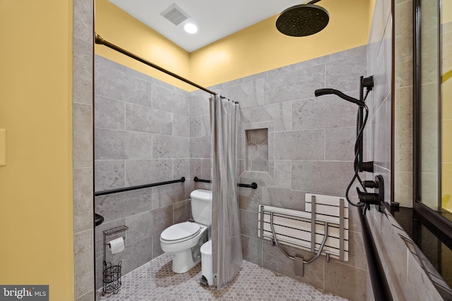 bathroom with curtained shower, toilet, radiator, and tile walls