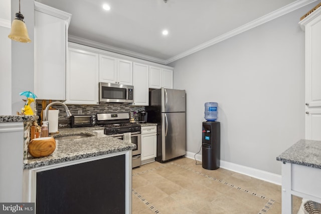 kitchen featuring tasteful backsplash, light stone counters, stainless steel appliances, light tile patterned floors, and white cabinetry