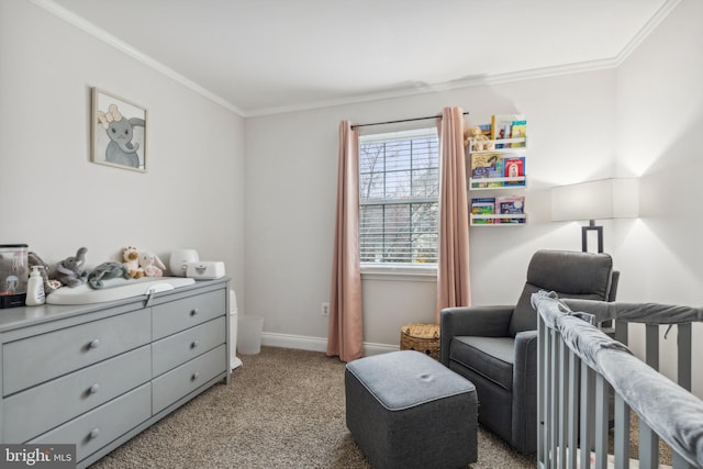 carpeted bedroom with a crib and crown molding