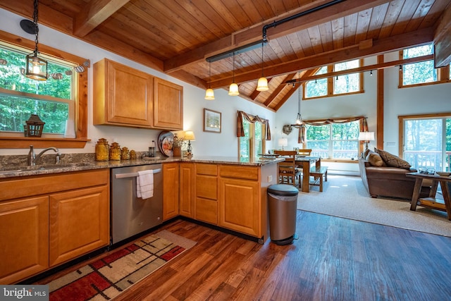 kitchen with dishwasher, a peninsula, dark stone countertops, and wood ceiling