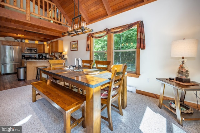 dining space with vaulted ceiling with beams, wood ceiling, and baseboards