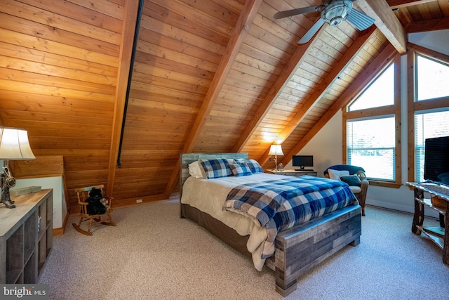 bedroom with light carpet, vaulted ceiling with beams, wooden ceiling, and wood walls