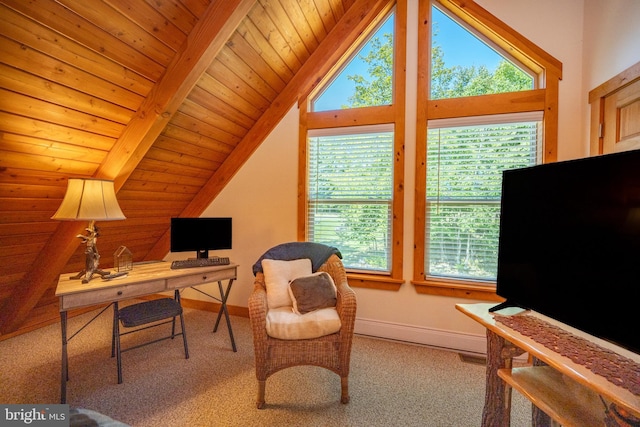 office space featuring lofted ceiling with beams, wood ceiling, and baseboards