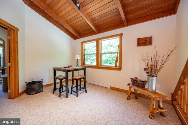 carpeted dining room featuring lofted ceiling with beams, wooden ceiling, rail lighting, and baseboards