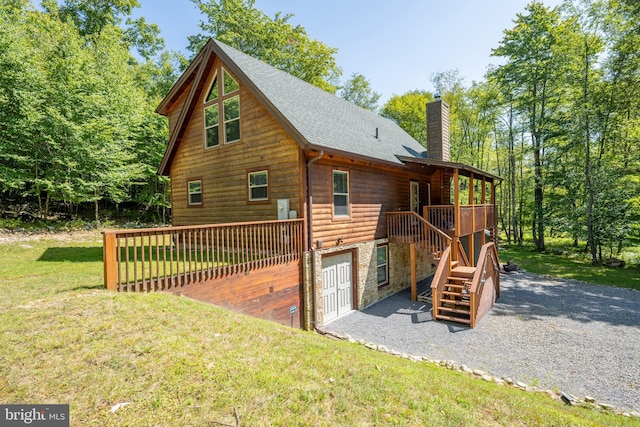 view of property exterior with a chimney, roof with shingles, an attached garage, gravel driveway, and a yard