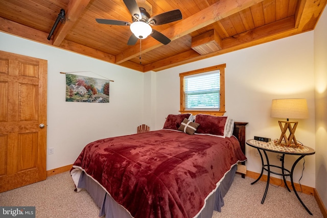 bedroom with wood ceiling, light colored carpet, ceiling fan, and beam ceiling