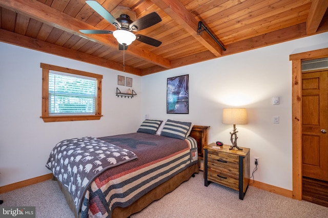 bedroom featuring carpet floors, beamed ceiling, wood ceiling, and baseboards