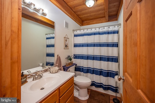 bathroom with vanity, toilet, a shower with shower curtain, and wooden ceiling