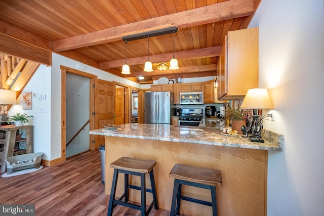 kitchen with wooden ceiling, appliances with stainless steel finishes, beamed ceiling, wood finished floors, and a peninsula