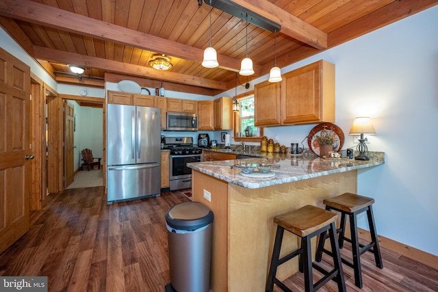 kitchen with dark wood finished floors, wood ceiling, appliances with stainless steel finishes, a peninsula, and beam ceiling