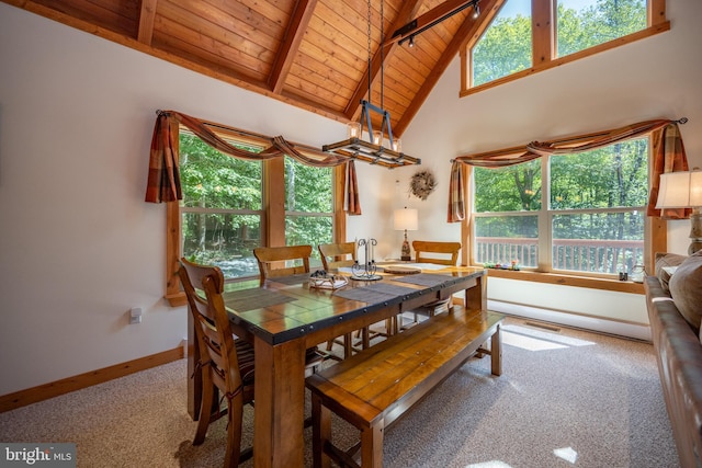 dining room featuring wood ceiling, beamed ceiling, a healthy amount of sunlight, and carpet