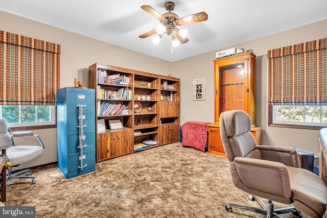 home office featuring carpet and ceiling fan