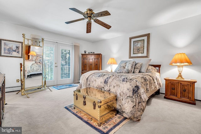 bedroom featuring ceiling fan, access to outside, light carpet, and french doors