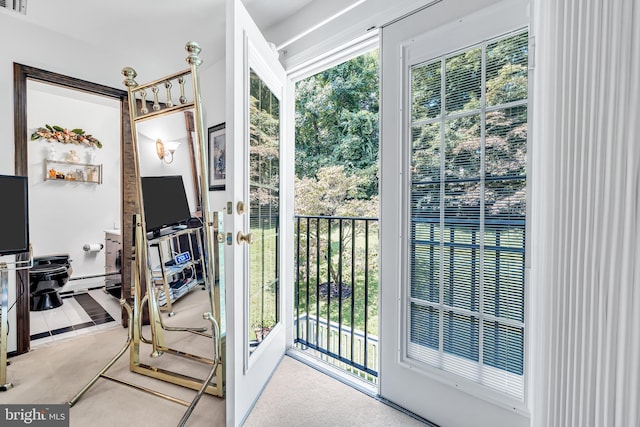 doorway with a baseboard heating unit and plenty of natural light