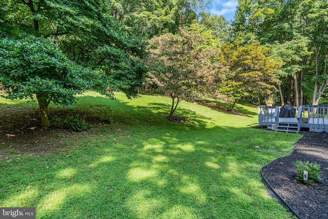 view of yard with a wooden deck