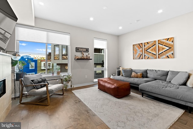 living room with hardwood / wood-style flooring and a tile fireplace