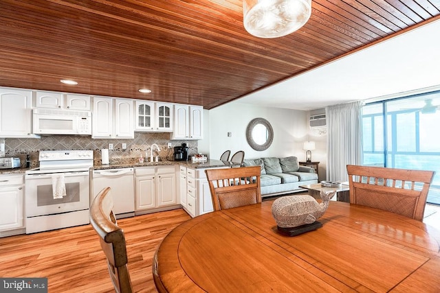 kitchen with decorative backsplash, white cabinetry, light wood-type flooring, wood ceiling, and white appliances