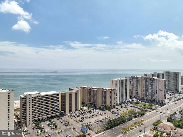 drone / aerial view featuring a view of city and a water view