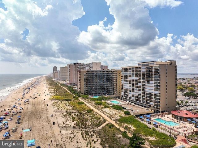 bird's eye view with a view of city, a beach view, and a water view