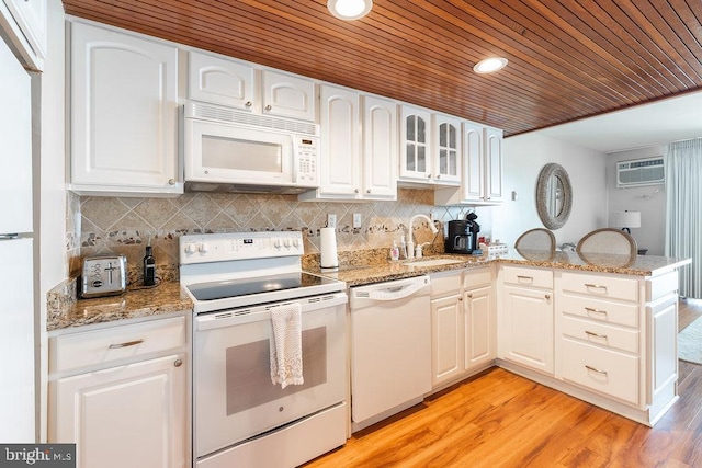 kitchen featuring wood ceiling, white appliances, and light wood-type flooring