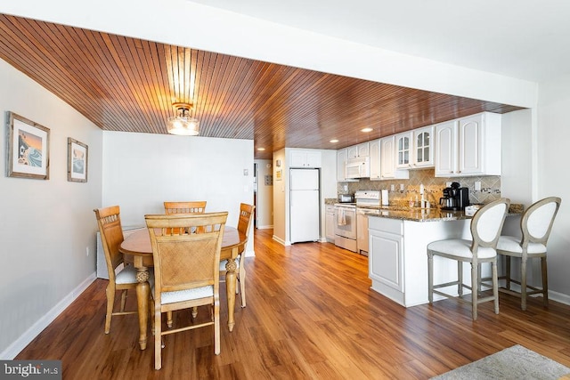 dining room featuring wooden ceiling and wood-type flooring