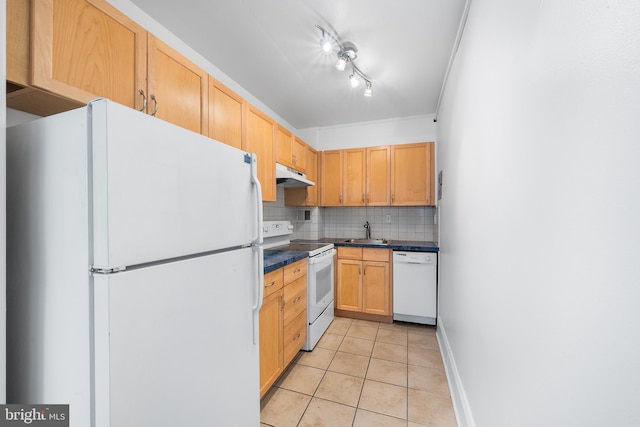 kitchen featuring tasteful backsplash, dark countertops, a sink, white appliances, and under cabinet range hood