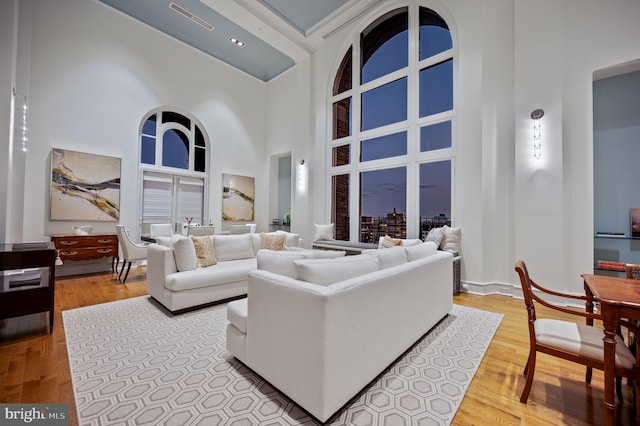 living room with a high ceiling and light hardwood / wood-style floors