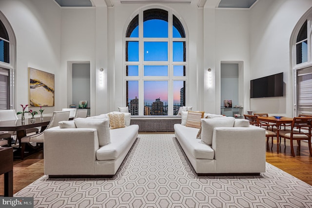 living room with a high ceiling