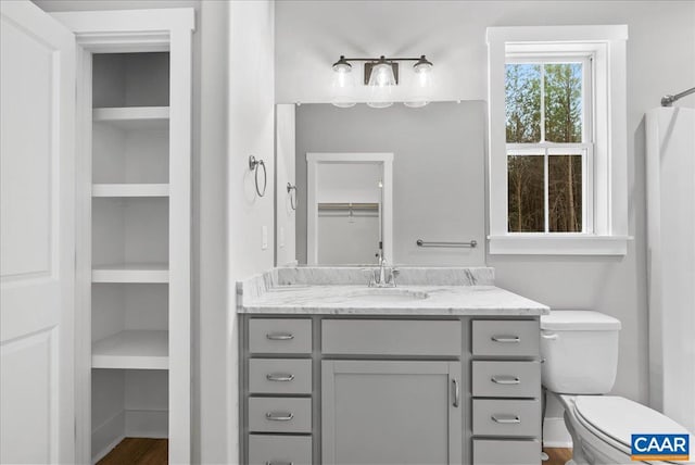 bathroom featuring vanity, toilet, and built in features