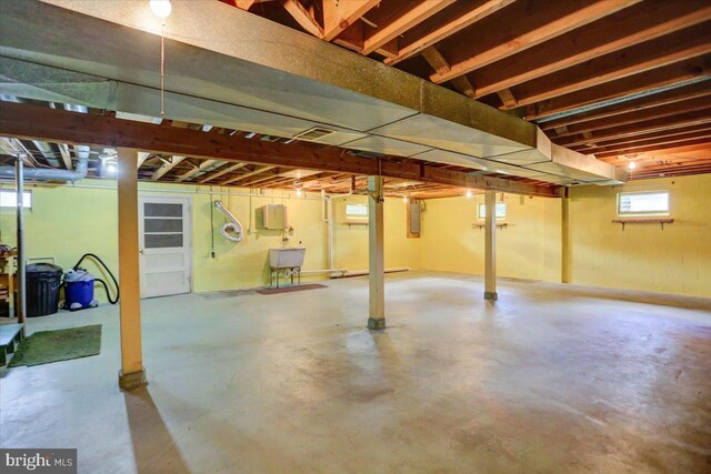 basement with sink and electric panel