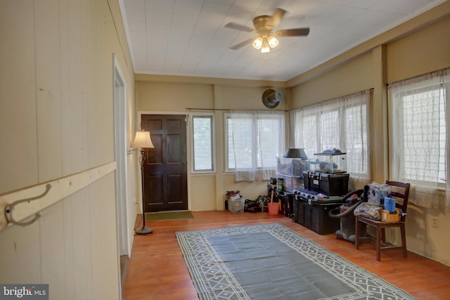 home office with wood finished floors and a ceiling fan