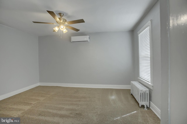 empty room with radiator, baseboards, and a wall mounted air conditioner