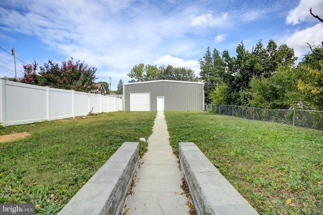 view of yard with an outbuilding and a fenced backyard