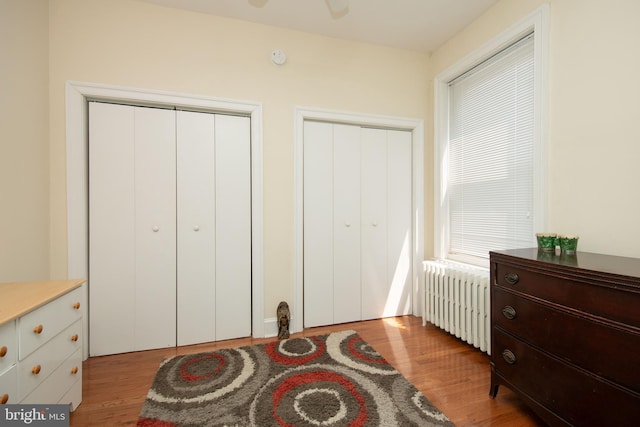 bedroom with radiator heating unit, ceiling fan, light wood-type flooring, and multiple closets